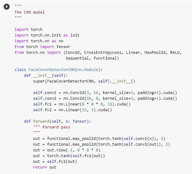 Code of the CNN definition, in
python.